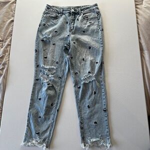 Material Girl Embroidered Butterfly Cropped Distressed Mom Raw Hem Jeans Size 13